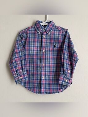 Ralph Lauren Kids Button-Down Plaid Shirt in Blue & Pink